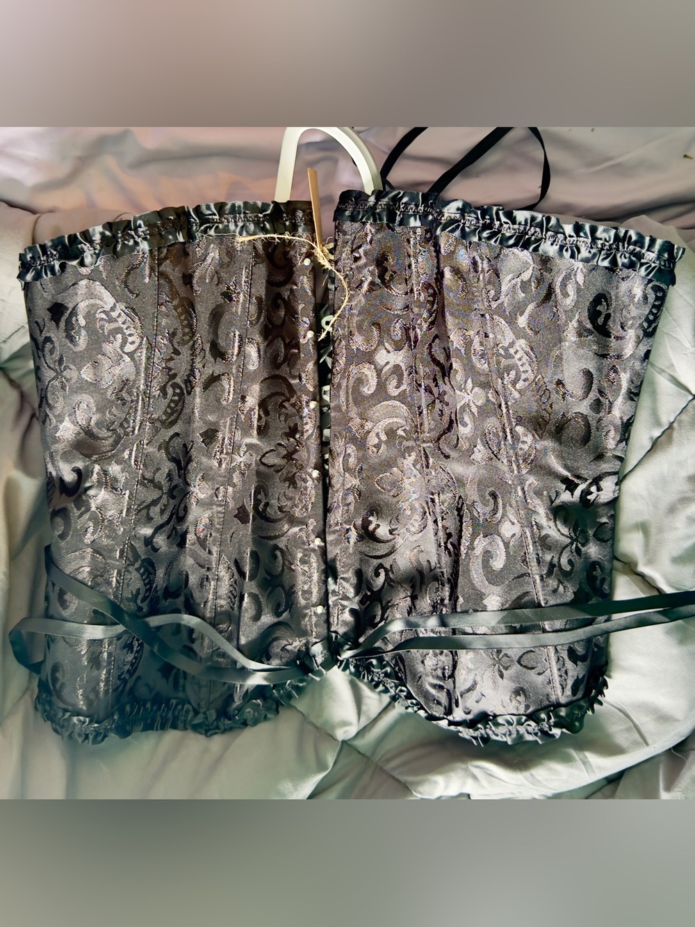 35” + 4” jacquard damask black corset, modesty panel, extra long ribbons